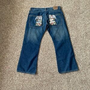 Ed Hardy Dark Blue Bootcut Jeans with Tatoo Embroidered Design